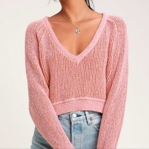 Free People Blush Orange Textured Slouchy Crop V-Neck Sweater